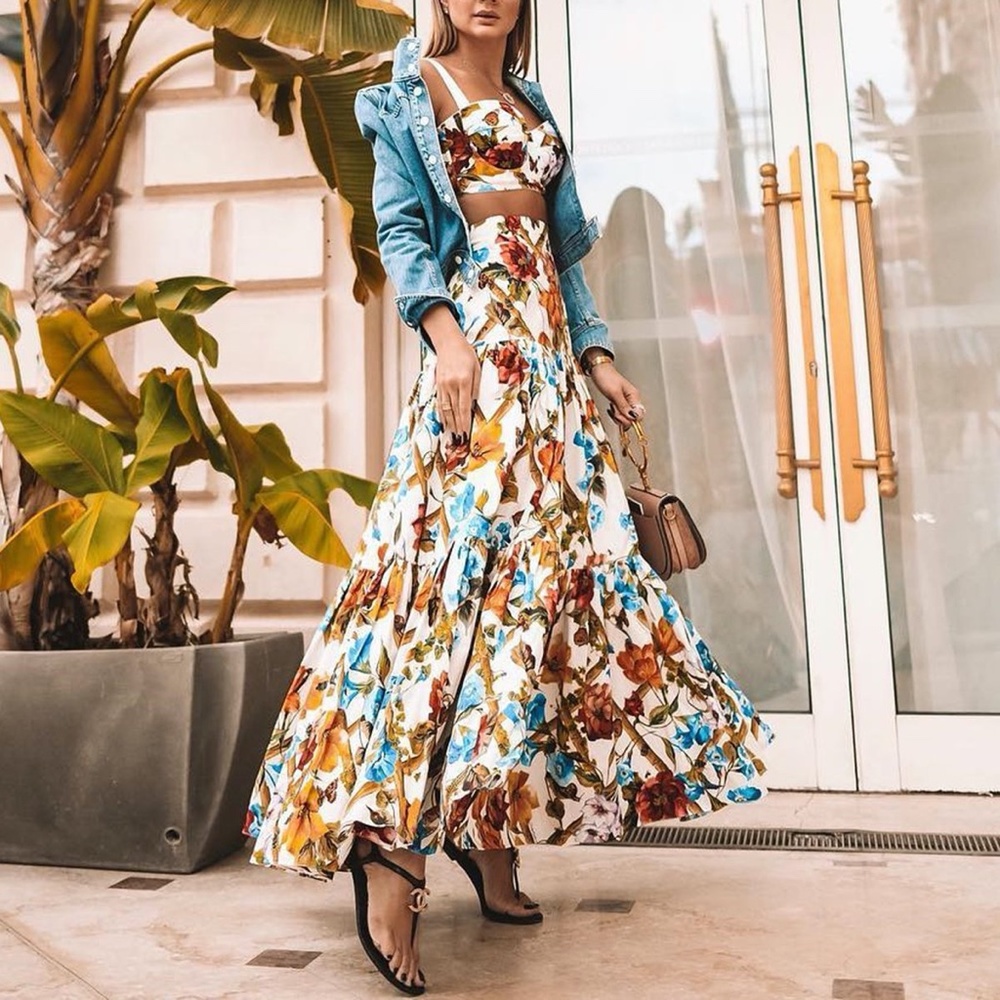 Boho gypsy floral print crop top maxi skirt Set - Picture 4 of 12